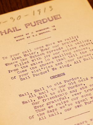 The lyrics for Purdue’s fight song, “Hail Purdue!” which inspired the Victories & Heroes campaign theme.